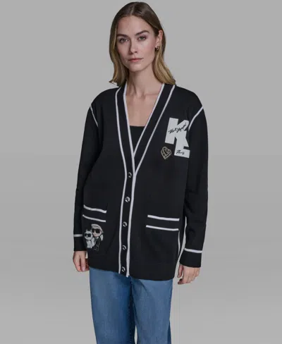 Karl Lagerfeld Women's Long-sleeve Varsity Cardigan In Black