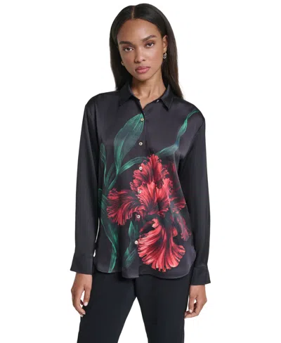 Karl Lagerfeld Women's Long-sleeve Floral-print Satin Blouse In Multi