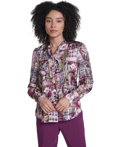 Karl Lagerfeld Women's Long-sleeve V-neck Print Blouse In Red
