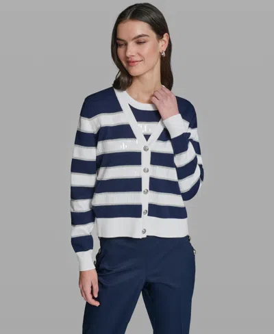 Karl Lagerfeld Women's Long-sleeve V-neck Sequin Striped Cardigan In Blue