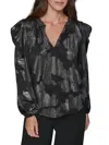 Karl Lagerfeld Women's Luxe V-neck Metallic Print Long-sleeve Top In Black