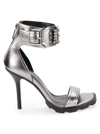 Karl Lagerfeld Women's Malinda Embellished Leather Sandals In Pewter
