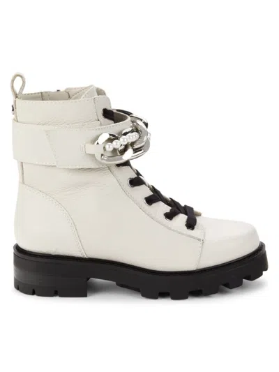 Karl Lagerfeld Women's Maxi Chain & Faux Pearl Leather Ankle Boots In Soft White