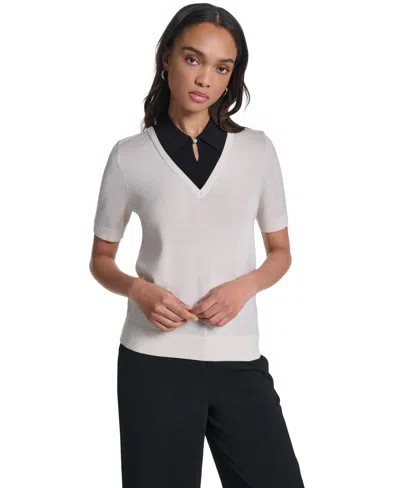 Karl Lagerfeld Contrast Collar Short Sleeve Sweater In White