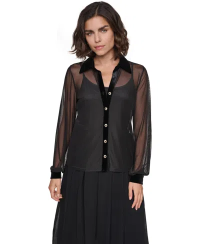 Karl Lagerfeld Women's Mesh Sheer Long-sleeve Shirt In Black
