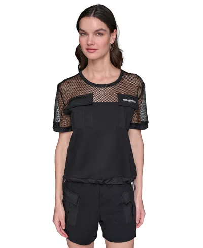 Karl Lagerfeld Women's Mesh-trim Cargo Top In Black