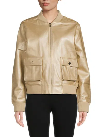Karl Lagerfeld Women's Metallic Faux Leather Bomber Jacket In Pale Gold