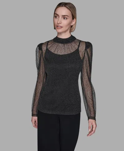 Karl Lagerfeld Women's Metallic Mesh High Neck Top In Black