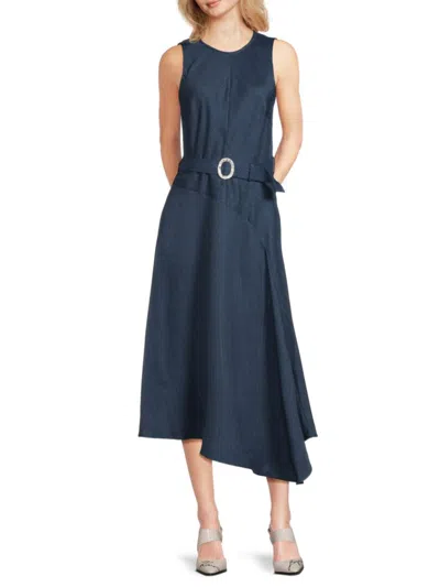 Karl Lagerfeld Women's Metallic Pinstripe Sleeveless Belted Midi-dress In Blue