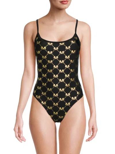 Karl Lagerfeld Women's Metallic Print One-piece Swimsuit In Black Gold