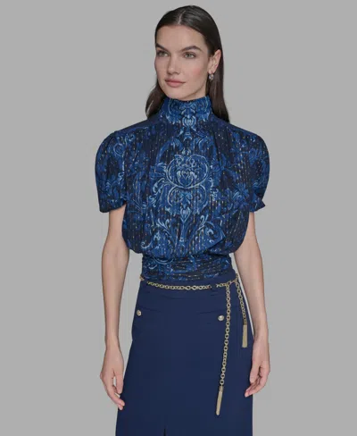 Karl Lagerfeld Women's Metallic Printed Puff-sleeve Top In Blue