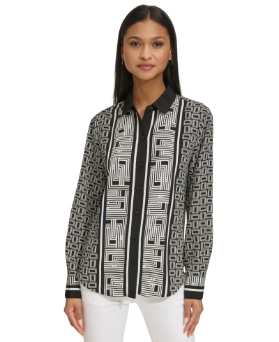 Karl Lagerfeld Women's Mix Geo-print Button Blouse In Black,white Combo