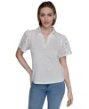 Karl Lagerfeld Plus Size Mixed-media Eyelet Top In White