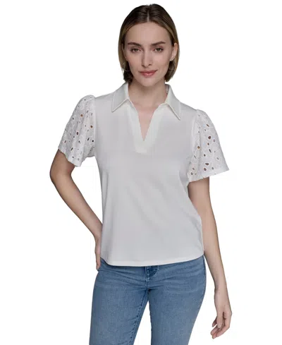 Karl Lagerfeld Women's Mixed-media Eyelet Knit Top