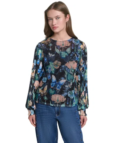 Karl Lagerfeld Pleated Sleeve Mixed Media Top In Animal Print
