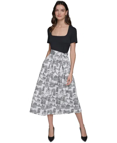Karl Lagerfeld Women's Mixed-media Short-sleeve Midi Dress In Blk,sft White Combo