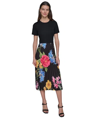 Karl Lagerfeld Women's Mixed-media Short-sleeve Midi Dress In Charcoal