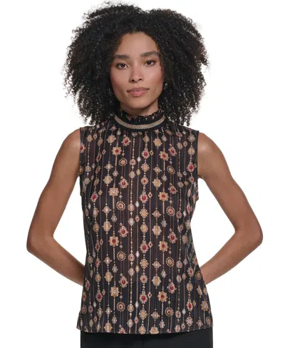 Karl Lagerfeld Women's Mock Neck Sleeveless Blouse In Black,gold Multi