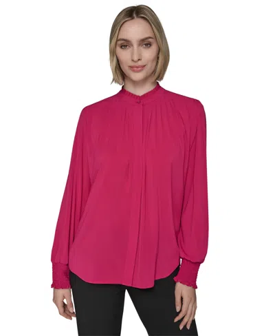 Karl Lagerfeld Women's Mock-neck Smocked-cuff Feminine Blouse