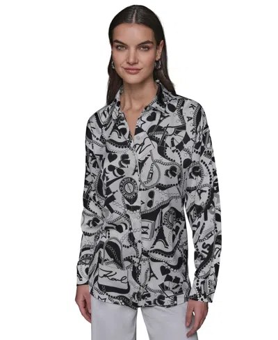 Karl Lagerfeld Women's Motif-print Oversized Button-front Top In Soft White Black