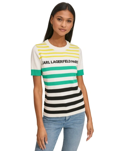 Karl Lagerfeld Women's Multi-color Striped Logo Sweater In Soft White,black,kelly Green,chartreu