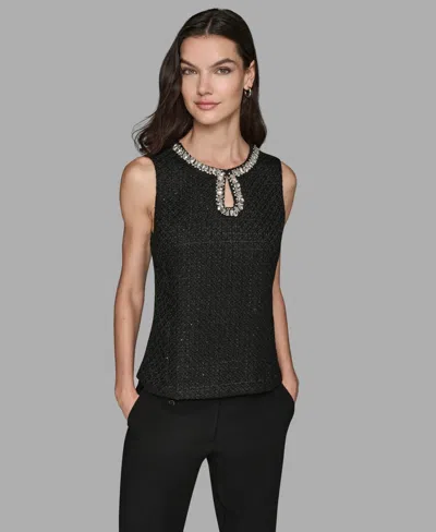 Karl Lagerfeld Women's Novelty Embellished Neck Top In Black