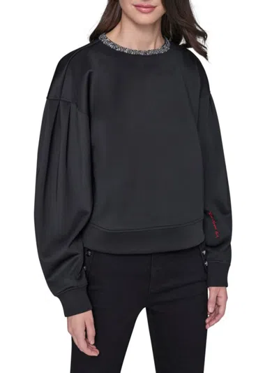 Karl Lagerfeld Women's October Fashion Embellished Neck Pullover In Black