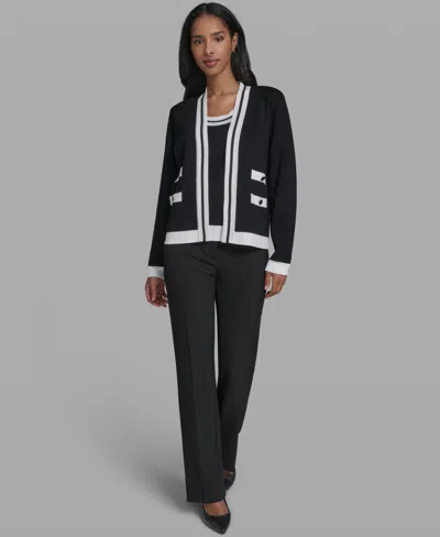 Karl Lagerfeld Women's Open-front Long-sleeve Knit Cardigan With Contrast Trim In Black