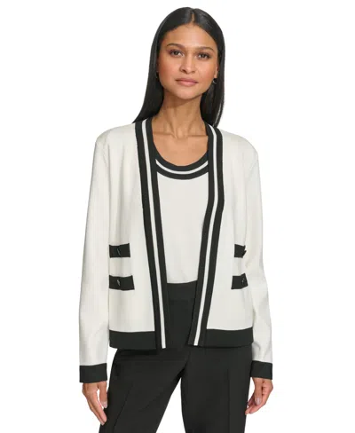 Karl Lagerfeld Women's Open-front Long-sleeve Knit Cardigan With Contrast Trim In Black
