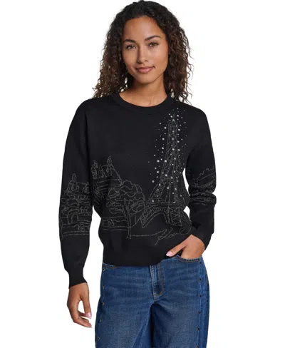 Karl Lagerfeld Women's Paris Scene Embellished Fitted Crewneck Sweater In Black