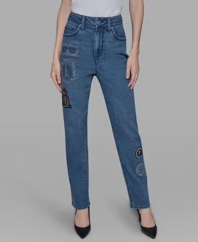Karl Lagerfeld Women's Patch Denim Straight-leg Jeans In Blue