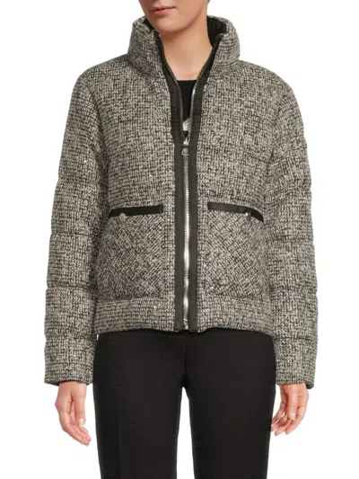Karl Lagerfeld Women's Patch Pocket Tweed Puffer Jacket In Gray
