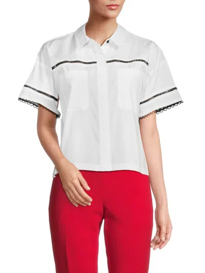 Karl Lagerfeld Women's Picot Boxy Short Sleeve Shirt In White Black