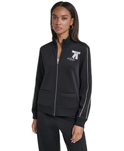 Karl Lagerfeld Women's Pin And Bow Pearl-trim Zip-up Jacket In Black