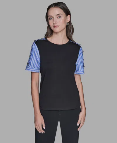 Karl Lagerfeld Women's Pinstripe-sleeve Pull-on Blouse In Black