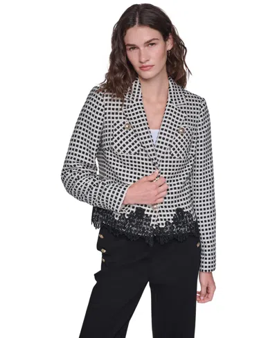 Karl Lagerfeld Women's Plaid Lace-trim Blazer In Animal Print