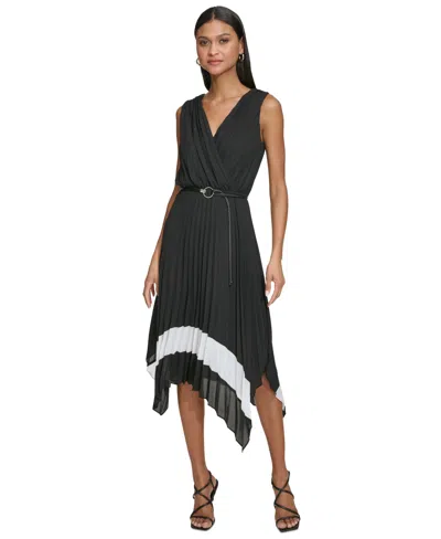 Karl Lagerfeld Women's Two Tone Pleated Midi Dress In Black