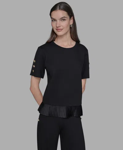 Karl Lagerfeld Women's Pleated Trim Hem Blouse In Black