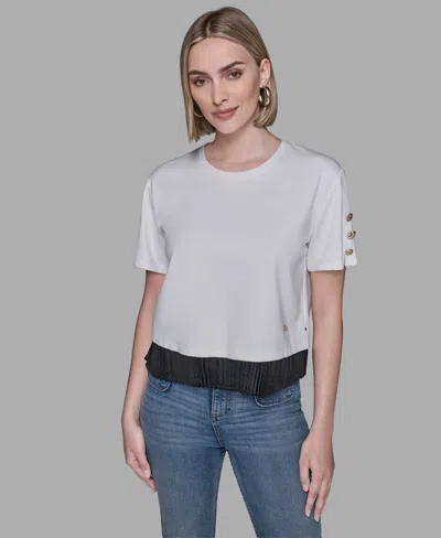 Karl Lagerfeld Women's Pleated Trim Hem Blouse In White