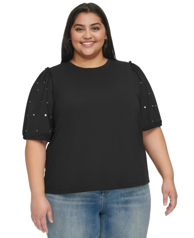 Karl Lagerfeld Women's Plus Size Embellished Puff Sleeve Top, First@macy's In Black