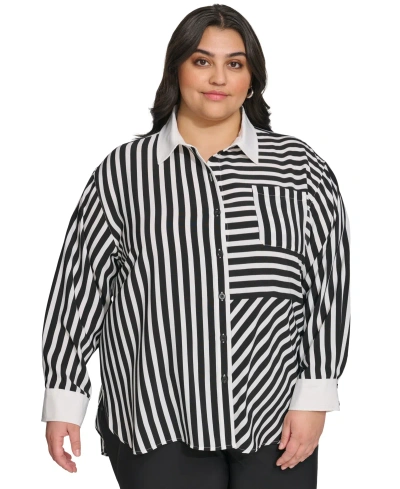 Karl Lagerfeld Women's Plus Size Striped Button-front Shirt, First@macy's In Black Soft White