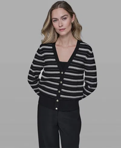 Karl Lagerfeld Women's Pointelle Stripe V-neck Cardigan Sweater In Black