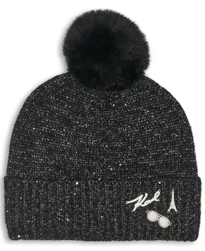 Karl Lagerfeld Women's Pom Pom Detail Beanie In Black