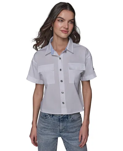 KARL LAGERFELD WOMEN'S POPLIN SHORT-SLEEVE BUTTON-FRONT TOP