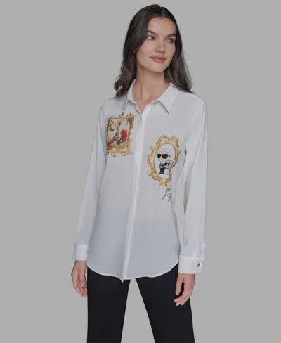 Karl Lagerfeld Women's Portrait Button Down Top In White