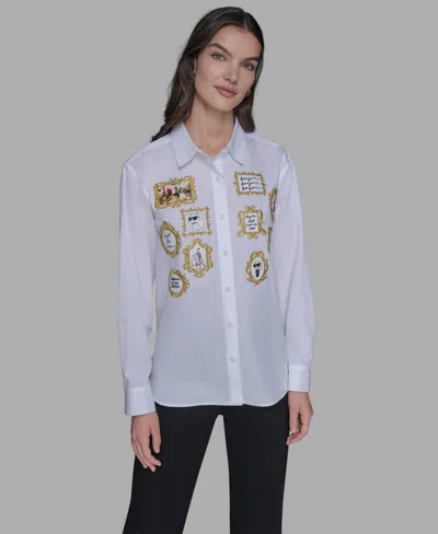 Karl Lagerfeld Women's Portrait Button Down Top In White