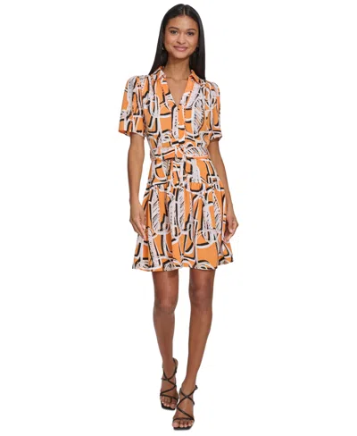 Karl Lagerfeld Women's Printed Belted A-line Dress In Tangerina