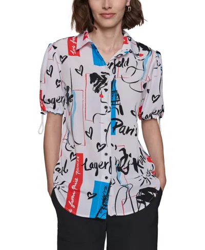 Karl Lagerfeld Women's Printed Bungee-sleeve Button-down Top In Soft White