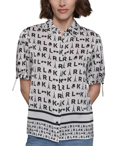 Karl Lagerfeld Women's Printed Bungee-sleeve Button-down Top In Soft White  Black