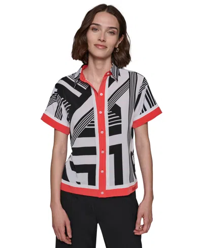Karl Lagerfeld Women's Printed Button-down Blouse In Soft White  Black